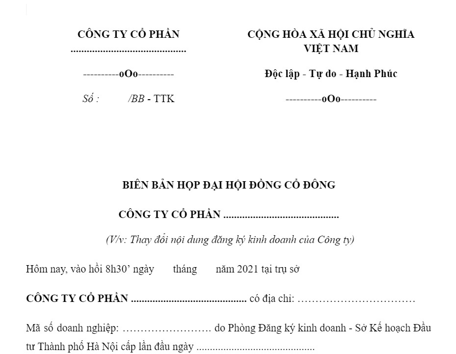  Mẫu biên bản họp bổ sung ngành nghề kinh doanh